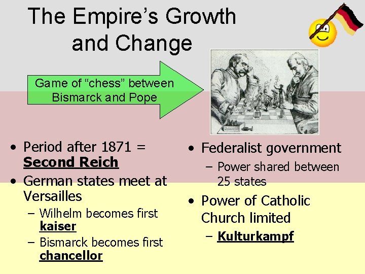 The Empire’s Growth and Change Game of “chess” between Bismarck and Pope • Period