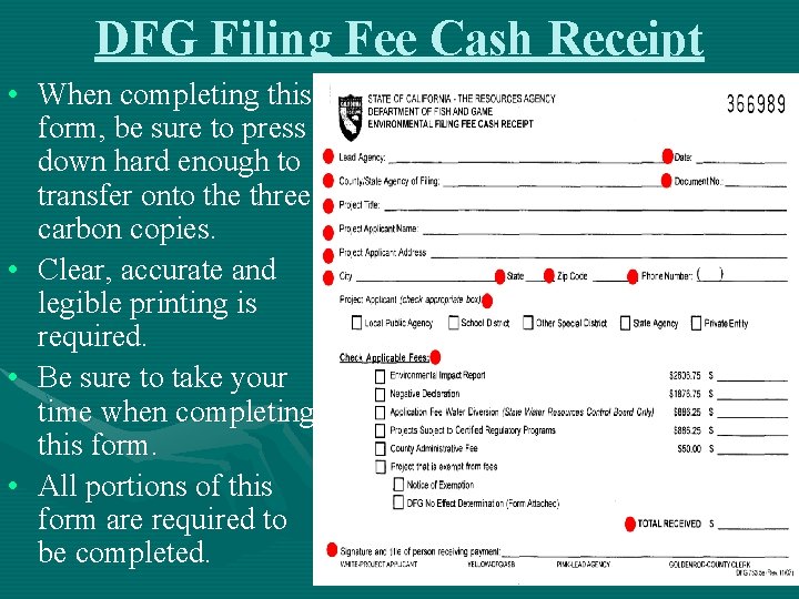 DFG Filing Fee Cash Receipt • When completing this form, be sure to press