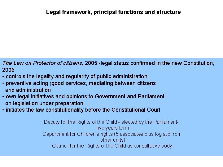 Legal framework, principal functions and structure The Law on Protector of citizens, 2005 -legal