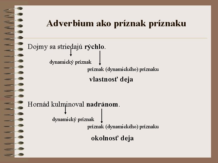 Adverbium ako príznaku Dojmy sa striedajú rýchlo. dynamický príznak (dynamického) príznaku vlastnosť deja Hornád