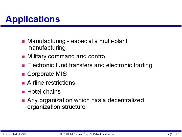 Applications Distributed DBMS Manufacturing - especially multi-plant manufacturing Military command control Electronic fund transfers