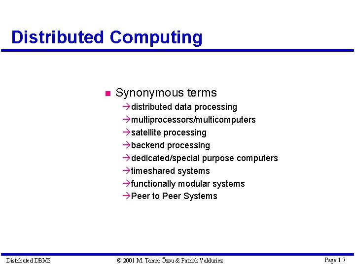 Distributed Computing Synonymous terms à distributed data processing à multiprocessors/multicomputers à satellite processing à