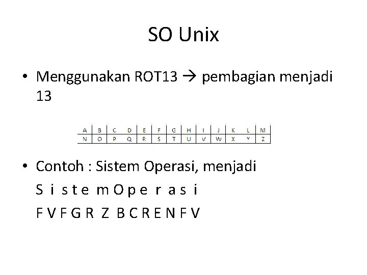 SO Unix • Menggunakan ROT 13 pembagian menjadi 13 • Contoh : Sistem Operasi,