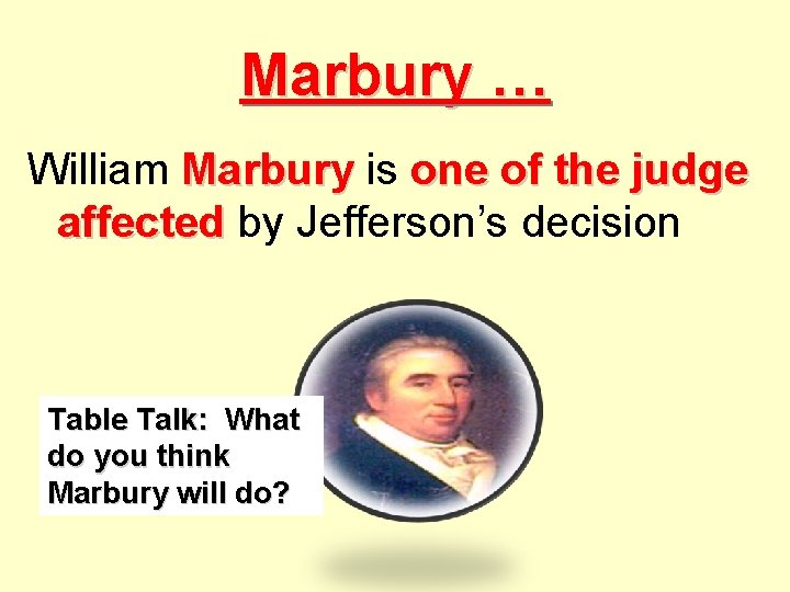 Marbury … William Marbury is one of the judge affected by Jefferson’s decision Table