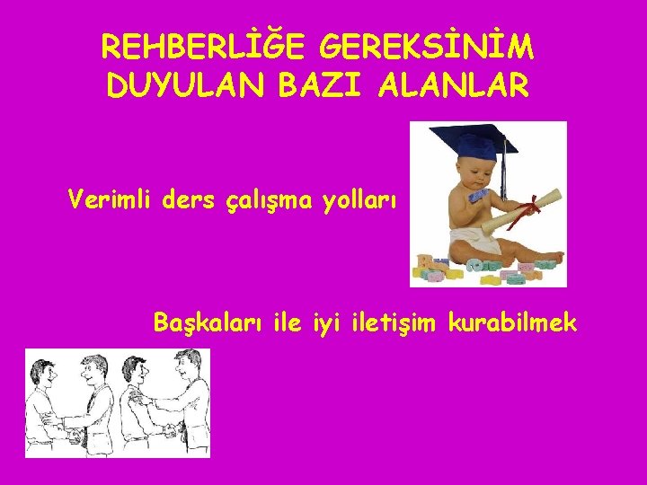 REHBERLİĞE GEREKSİNİM DUYULAN BAZI ALANLAR Verimli ders çalışma yolları Başkaları ile iyi iletişim kurabilmek