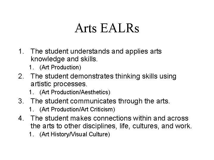 Arts EALRs 1. The student understands and applies arts knowledge and skills. 1. (Art