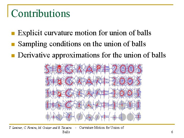 Contributions n n n Explicit curvature motion for union of balls Sampling conditions on