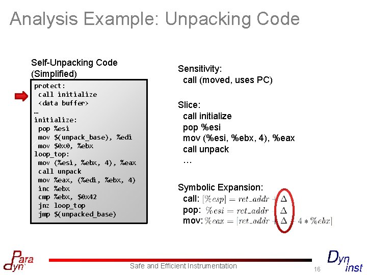Analysis Example: Unpacking Code Self-Unpacking Code (Simplified) protect: call initialize <data buffer> … initialize: