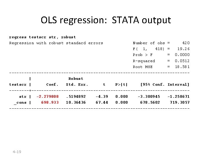 OLS regression: STATA output regress testscr str, robust Regression with robust standard errors Number