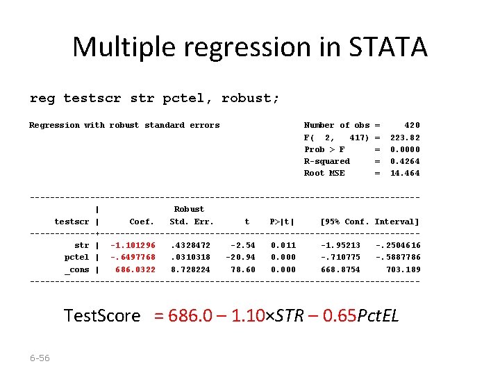 Multiple regression in STATA reg testscr str pctel, robust; Regression with robust standard errors