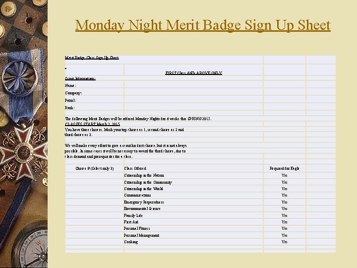 Monday Night Merit Badge Sign Up Sheet Merit Badge Class Sign Up Sheet FIRST