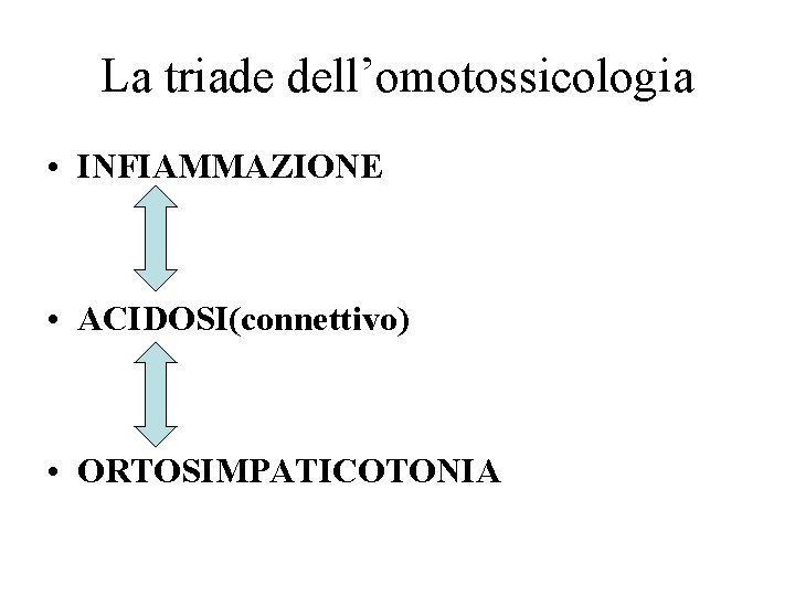 La triade dell’omotossicologia • INFIAMMAZIONE • ACIDOSI(connettivo) • ORTOSIMPATICOTONIA 