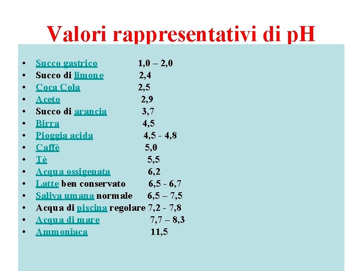 Valori rappresentativi di p. H • • • • Succo gastrico 1, 0 –