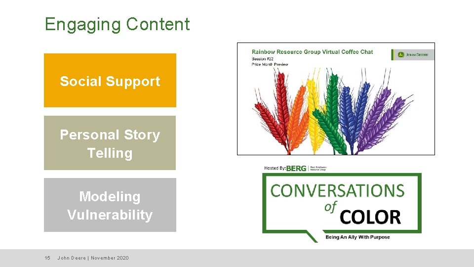 Engaging Content Social Support Personal Story Telling Modeling Vulnerability 15 John Deere | November