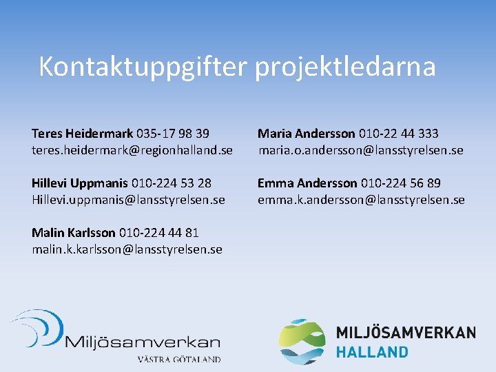 Kontaktuppgifter projektledarna Teres Heidermark 035 -17 98 39 teres. heidermark@regionhalland. se Maria Andersson 010 Kontaktuppgifter projektledarna Teres Heidermark 035 -17 98 39 teres. heidermark@regionhalland. se Maria Andersson 010