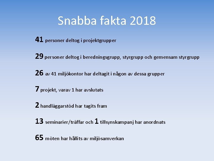 Snabba fakta 2018 41 personer deltog i projektgrupper 29 personer deltog i beredningsgrupp, styrgrupp Snabba fakta 2018 41 personer deltog i projektgrupper 29 personer deltog i beredningsgrupp, styrgrupp