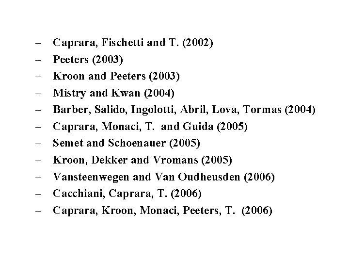 – – – Caprara, Fischetti and T. (2002) Peeters (2003) Kroon and Peeters (2003)