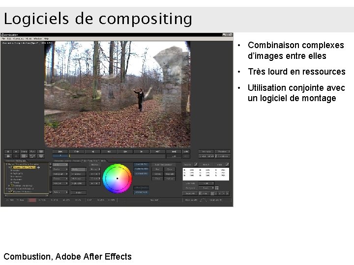 Logiciels de compositing • Combinaison complexes d’images entre elles • Très lourd en ressources