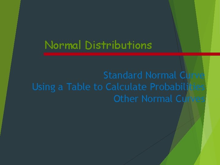 Normal Distributions Standard Normal Curve Using a Table to Calculate Probabilities Other Normal Curves