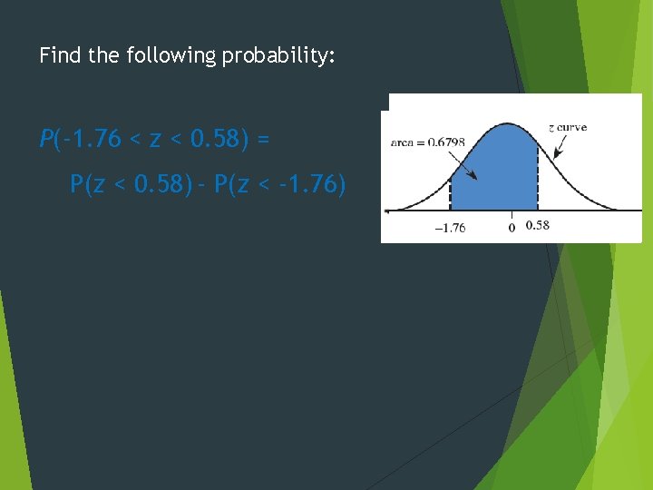Find the following probability: P(-1. 76 < z < 0. 58) = P(z <