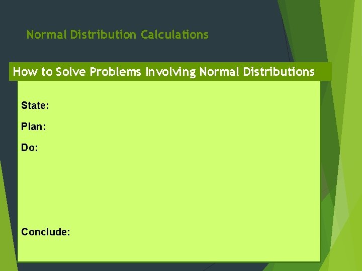 Normal Distribution Calculations How to Solve Problems Involving Normal Distributions State: Plan: Do: Conclude: