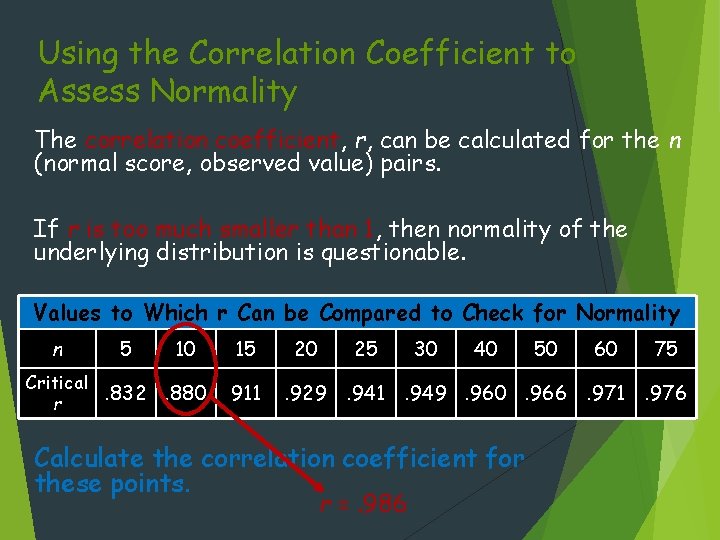 Using the Correlation Coefficient to Assess Normality The correlation coefficient, r, can be calculated