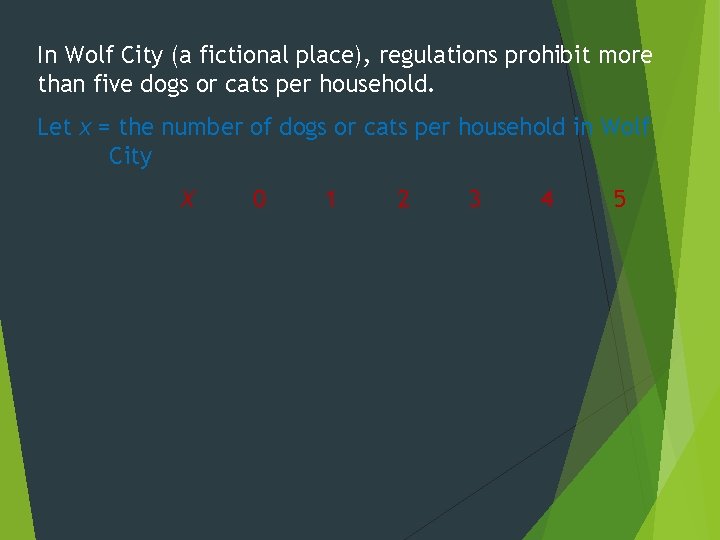 In Wolf City (a fictional place), regulations prohibit more than five dogs or cats