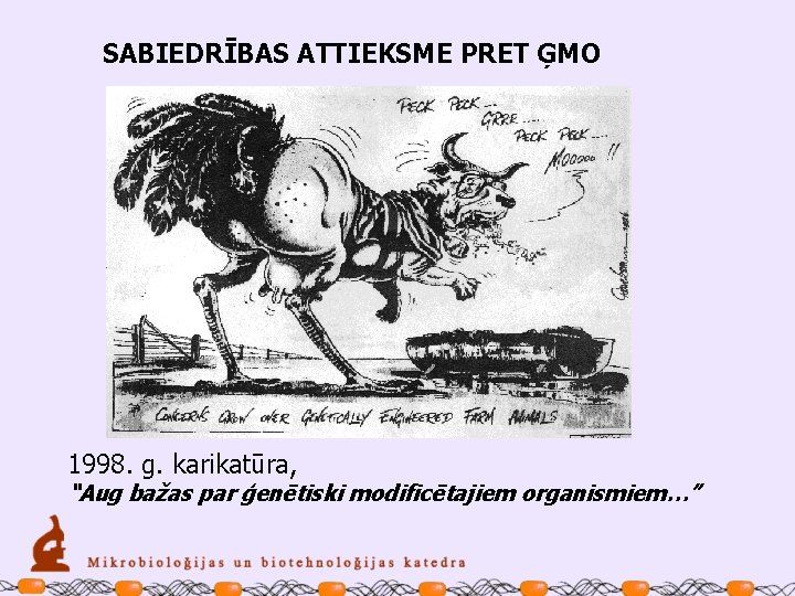 SABIEDRĪBAS ATTIEKSME PRET ĢMO 1998. g. karikatūra, “Aug bažas par ģenētiski modificētajiem organismiem…” 