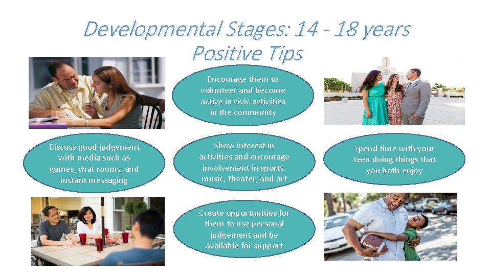 Developmental Stages: 14 - 18 years Positive Tips Encourage them to volunteer and become