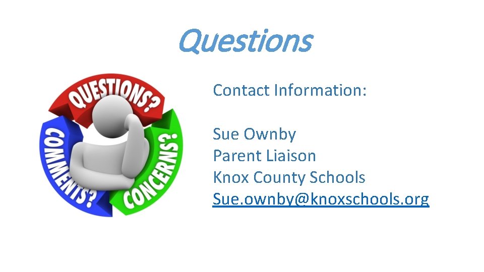 Questions Contact Information: Sue Ownby Parent Liaison Knox County Schools Sue. ownby@knoxschools. org 