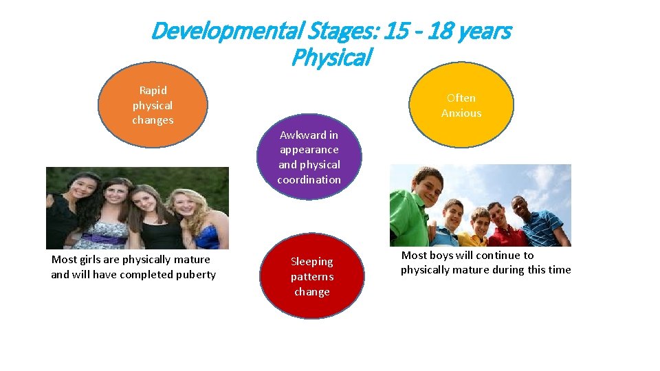 Developmental Stages: 15 - 18 years Physical Rapid physical changes Most girls are physically