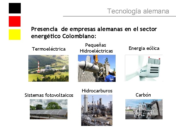 Tecnología alemana Presencia de empresas alemanas en el sector energético Colombiano: Termoeléctrica Sistemas fotovoltaicos