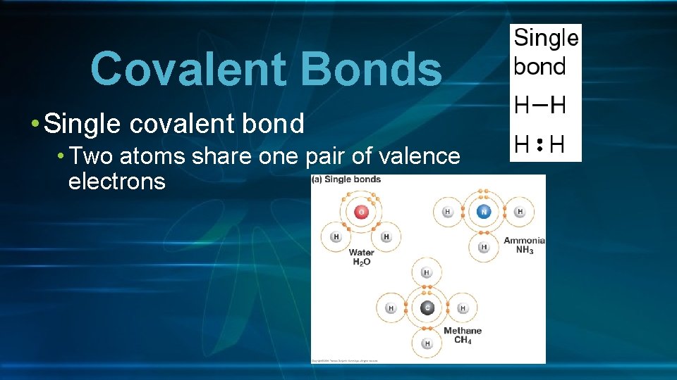 Covalent Bonds • Single covalent bond • Two atoms share one pair of valence