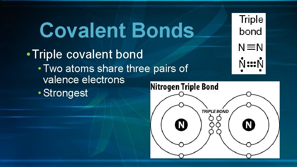 Covalent Bonds • Triple covalent bond • Two atoms share three pairs of valence