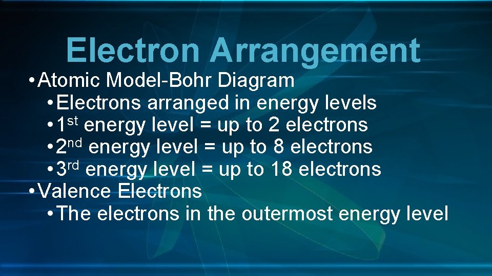 Electron Arrangement • Atomic Model-Bohr Diagram • Electrons arranged in energy levels • 1