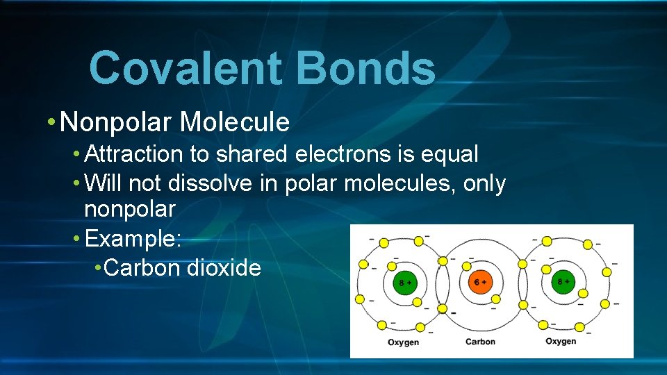 Covalent Bonds • Nonpolar Molecule • Attraction to shared electrons is equal • Will