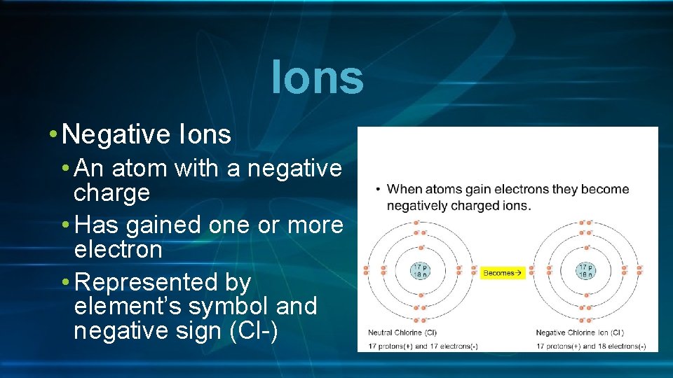 Ions • Negative Ions • An atom with a negative charge • Has gained