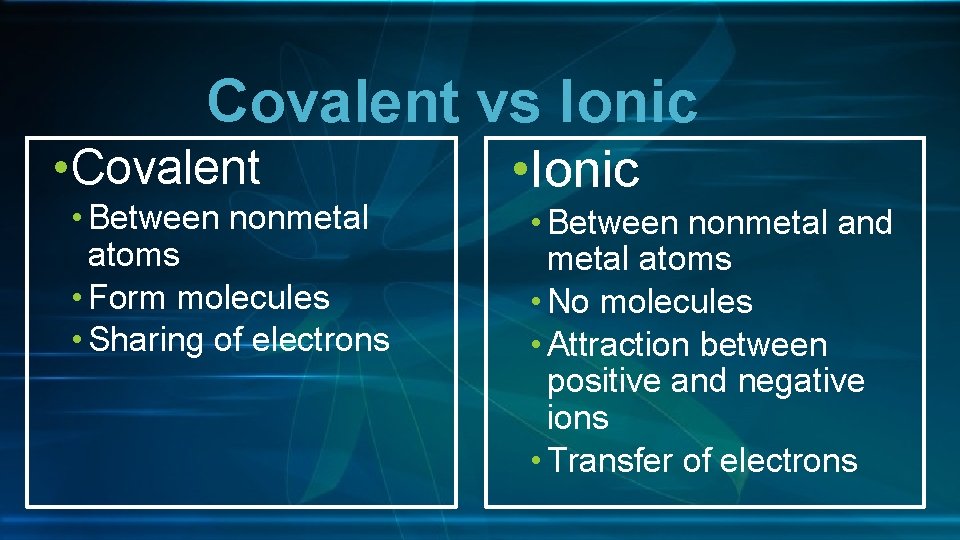 Covalent vs Ionic • Covalent • Between nonmetal atoms • Form molecules • Sharing