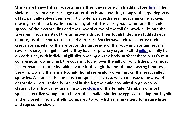 Sharks are heavy fishes, possessing neither lungs nor swim bladders (see fish ). Their
