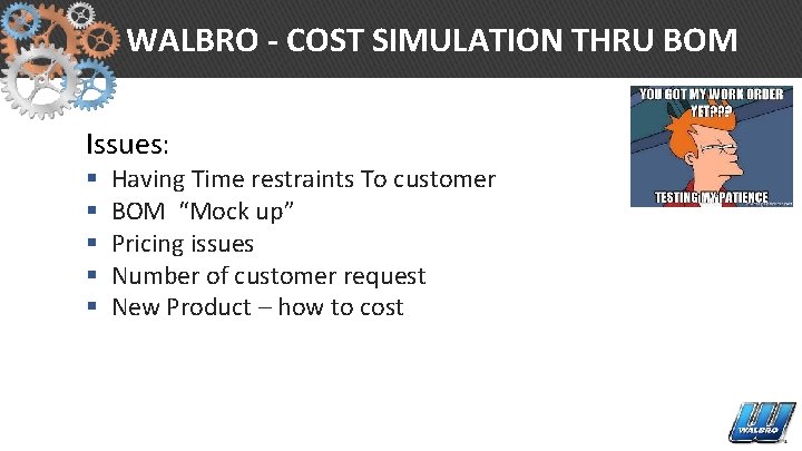 WALBRO - COST SIMULATION THRU BOM Issues: § § § Having Time restraints To