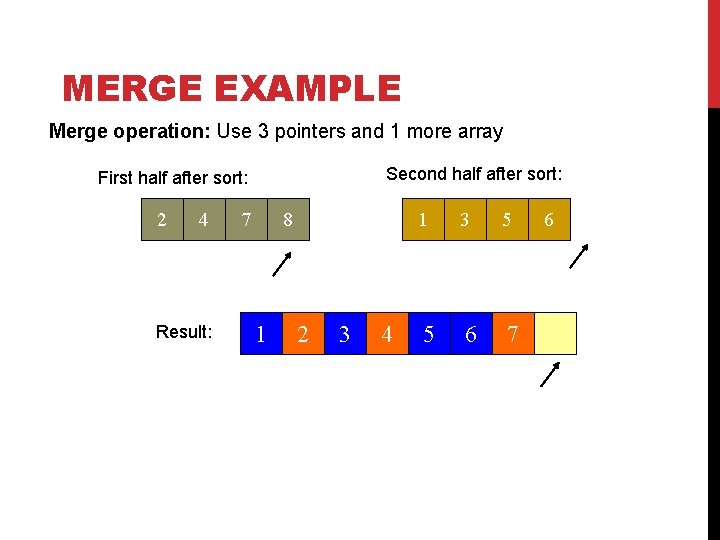 MERGE EXAMPLE Merge operation: Use 3 pointers and 1 more array Second half after MERGE EXAMPLE Merge operation: Use 3 pointers and 1 more array Second half after