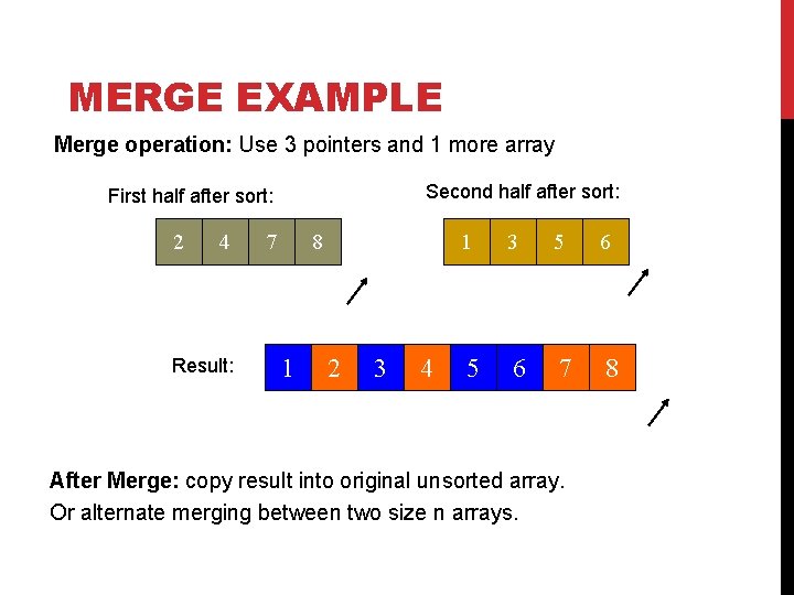 MERGE EXAMPLE Merge operation: Use 3 pointers and 1 more array Second half after MERGE EXAMPLE Merge operation: Use 3 pointers and 1 more array Second half after