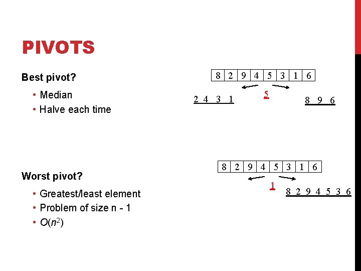 PIVOTS Best pivot? • Median • Halve each time Worst pivot? • Greatest/least element PIVOTS Best pivot? • Median • Halve each time Worst pivot? • Greatest/least element