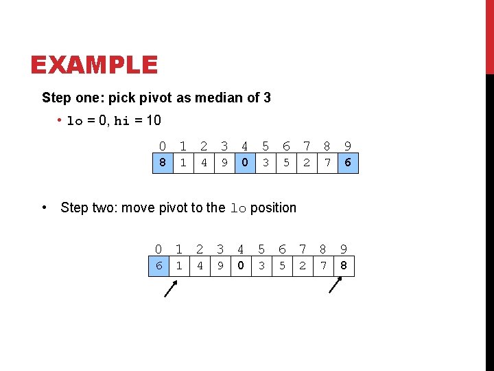 EXAMPLE Step one: pick pivot as median of 3 • lo = 0, hi EXAMPLE Step one: pick pivot as median of 3 • lo = 0, hi