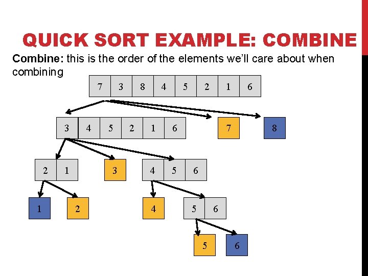 QUICK SORT EXAMPLE: COMBINE Combine: this is the order of the elements we’ll care QUICK SORT EXAMPLE: COMBINE Combine: this is the order of the elements we’ll care