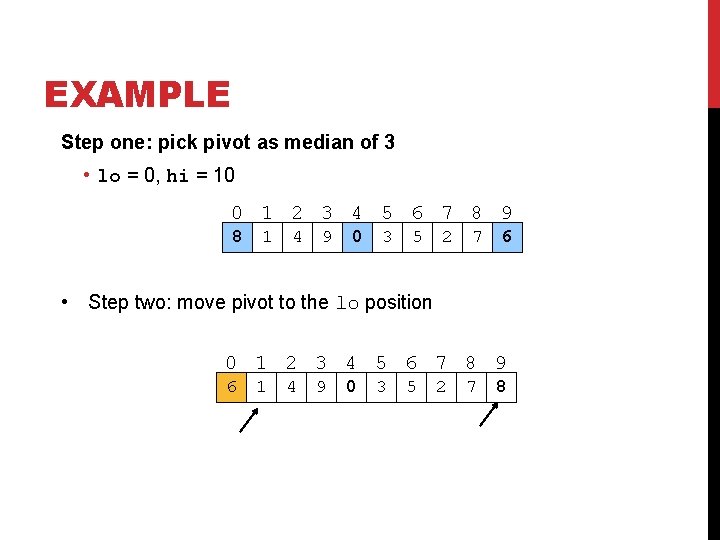 EXAMPLE Step one: pick pivot as median of 3 • lo = 0, hi EXAMPLE Step one: pick pivot as median of 3 • lo = 0, hi