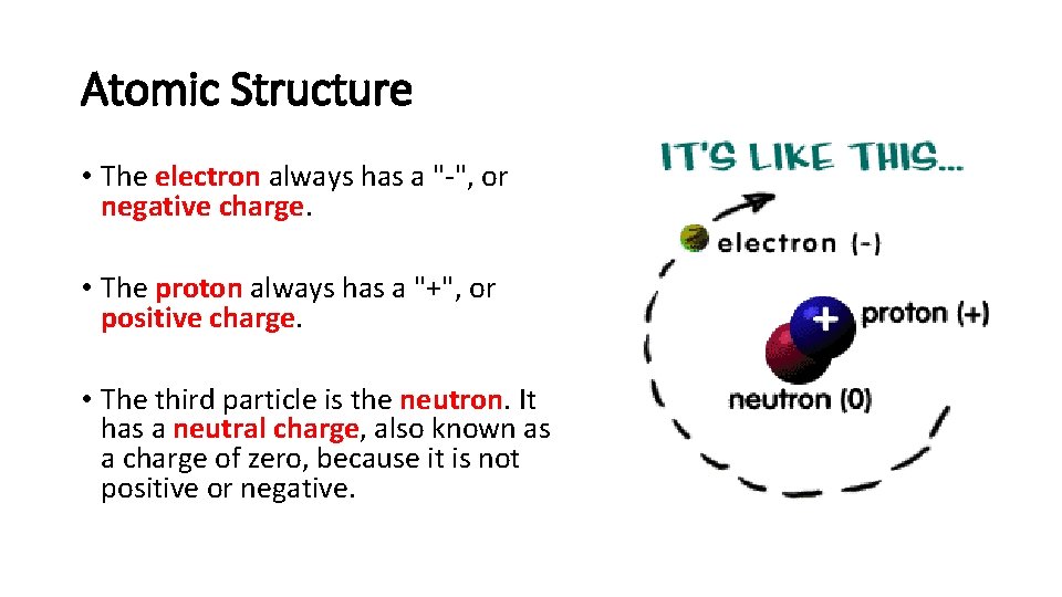 Atomic Structure • The electron always has a "-", or negative charge. • The