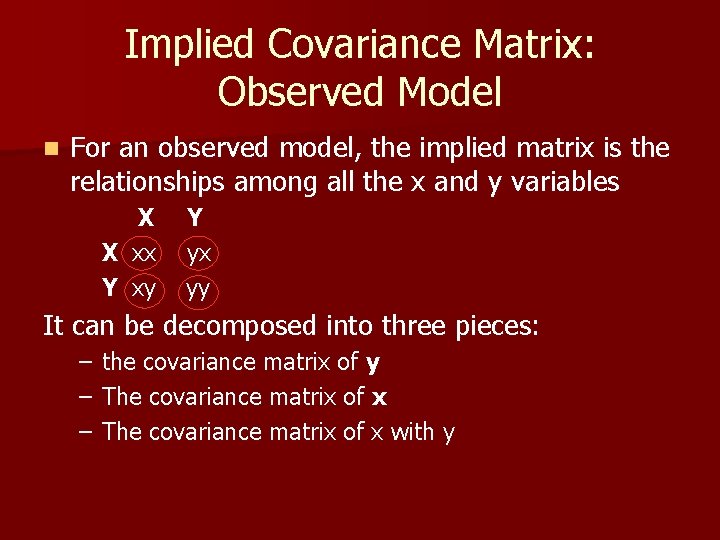 Implied Covariance Matrix: Observed Model n For an observed model, the implied matrix is