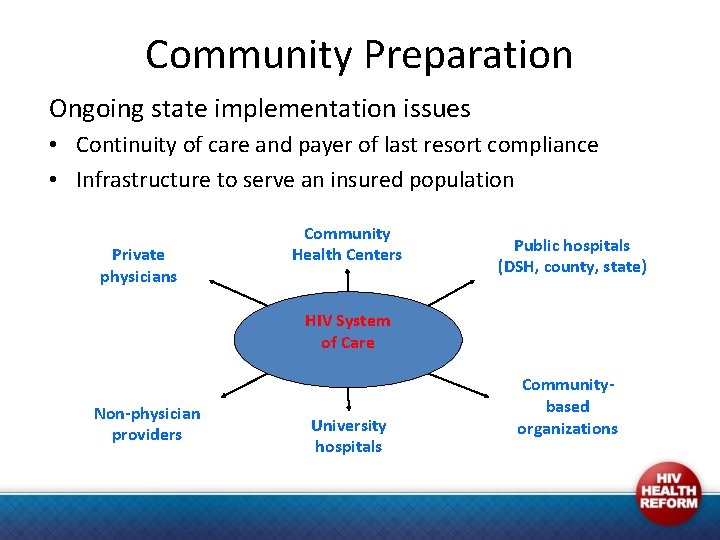 Community Preparation Ongoing state implementation issues • Continuity of care and payer of last