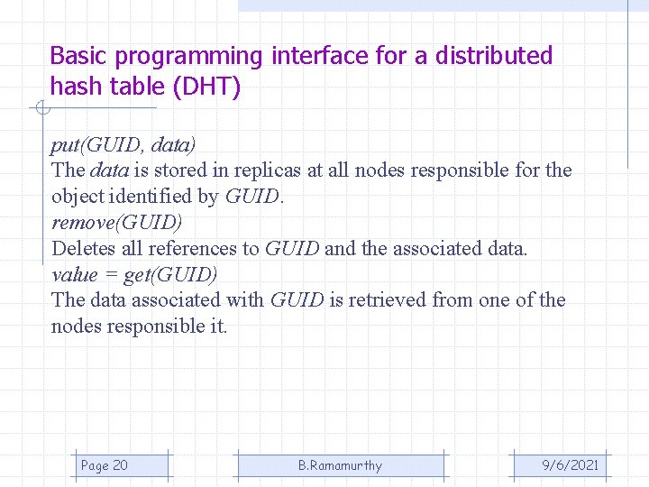 Basic programming interface for a distributed hash table (DHT) put(GUID, data) The data is Basic programming interface for a distributed hash table (DHT) put(GUID, data) The data is